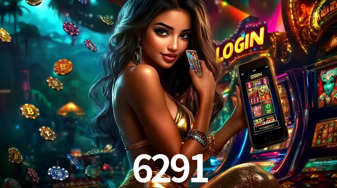 Mulher em um cenário de cassino temático de aventura, mostrando o app de caça-níqueis da 6291 no celular. Fichas de apostas flutuam ao redor.