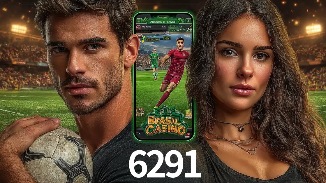 Homem segurando uma bola de futebol e uma mulher ao lado de um smartphone exibindo o jogo de apostas esportivas da 6291. Faça seu palpite no cassino online.